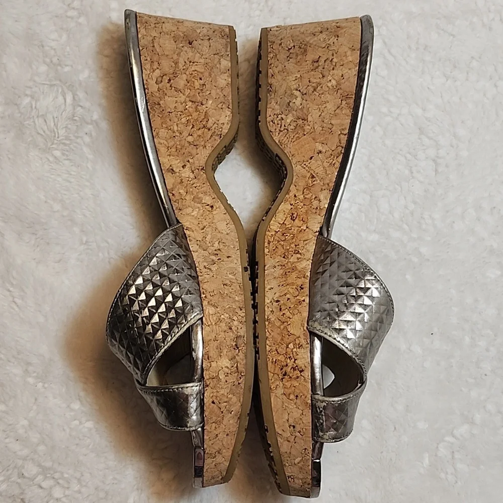 Jimmy Choo Silver Metallic Embossed Leather Panna Cork Slides Size 37.5